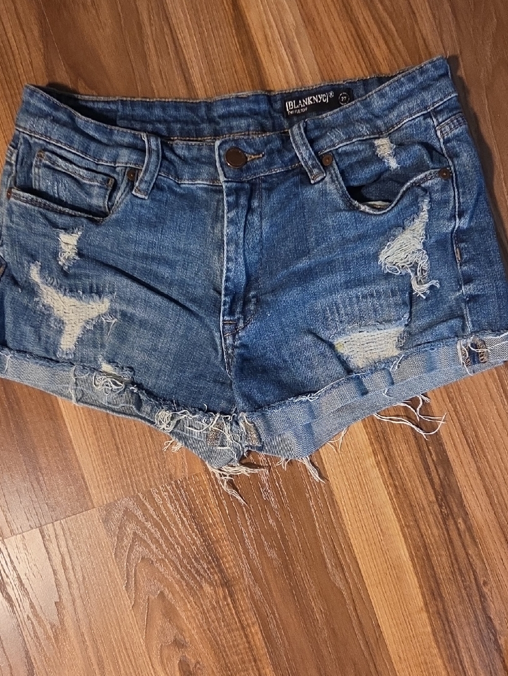 Blank NYC Fulton Rollup Women's Distressed Blue Denim Cutoff Shorts